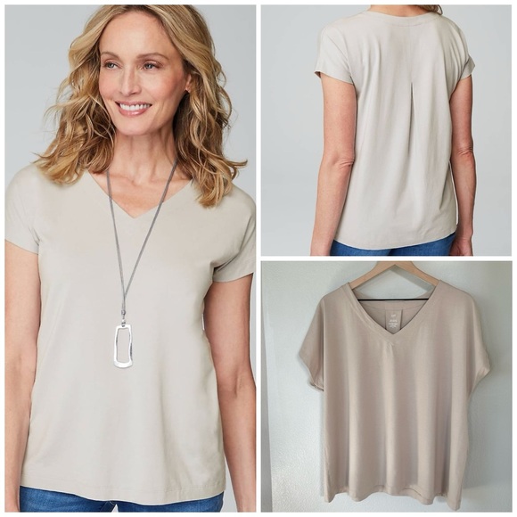 J. Jill Tops - J JILL XL Luxe Supima Cotton Pleat Back V-Neck Tee in Zinc • Beige Oatmeal